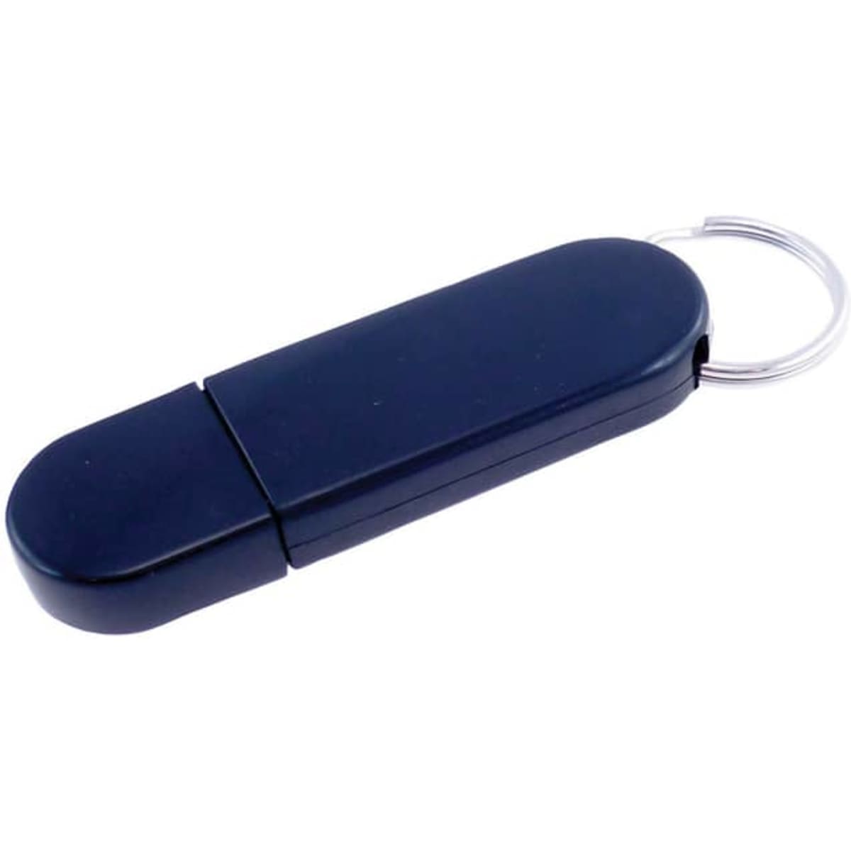 A navy flash drive with a keyring attachment, featuring a sleek, rounded design.