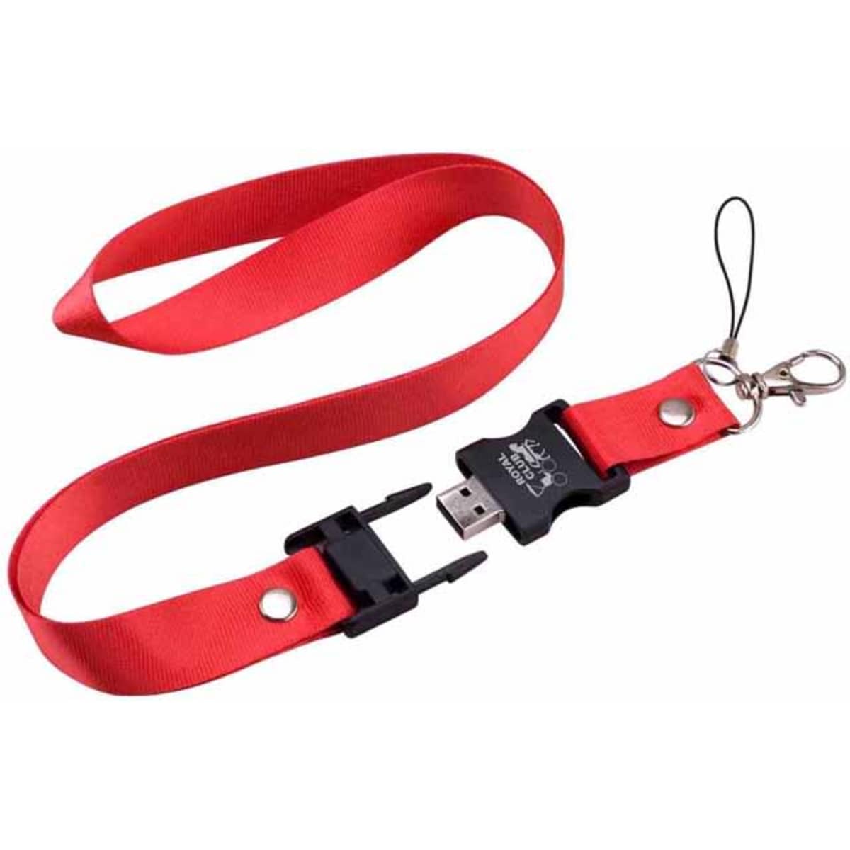 A red lanyard with a USB flash drive attachment and a keyring clip, featuring a small logo.