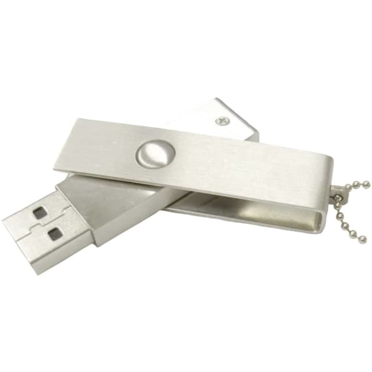 A silver brushed metal swivel USB drive with a keychain attachment. Features a sleek design and a logo.