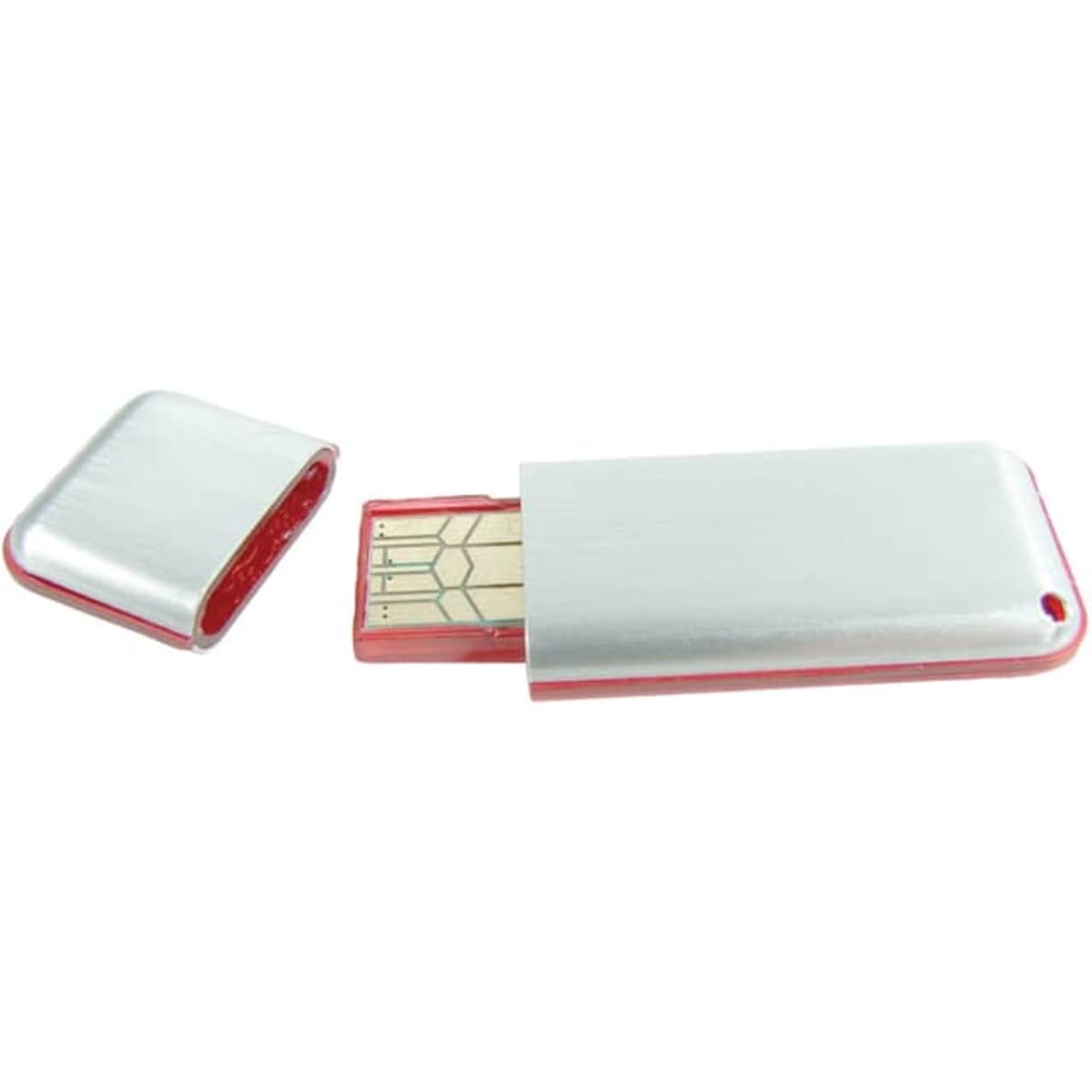 An aluminium slim drive in silver and red, featuring a removable cap and a USB connector.