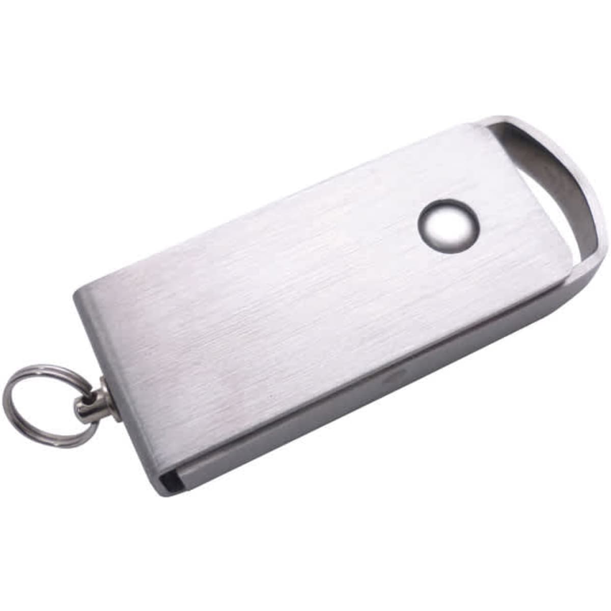 A metallic flash drive with a keyring attachment, featuring a sleek design and a small hole for connection.