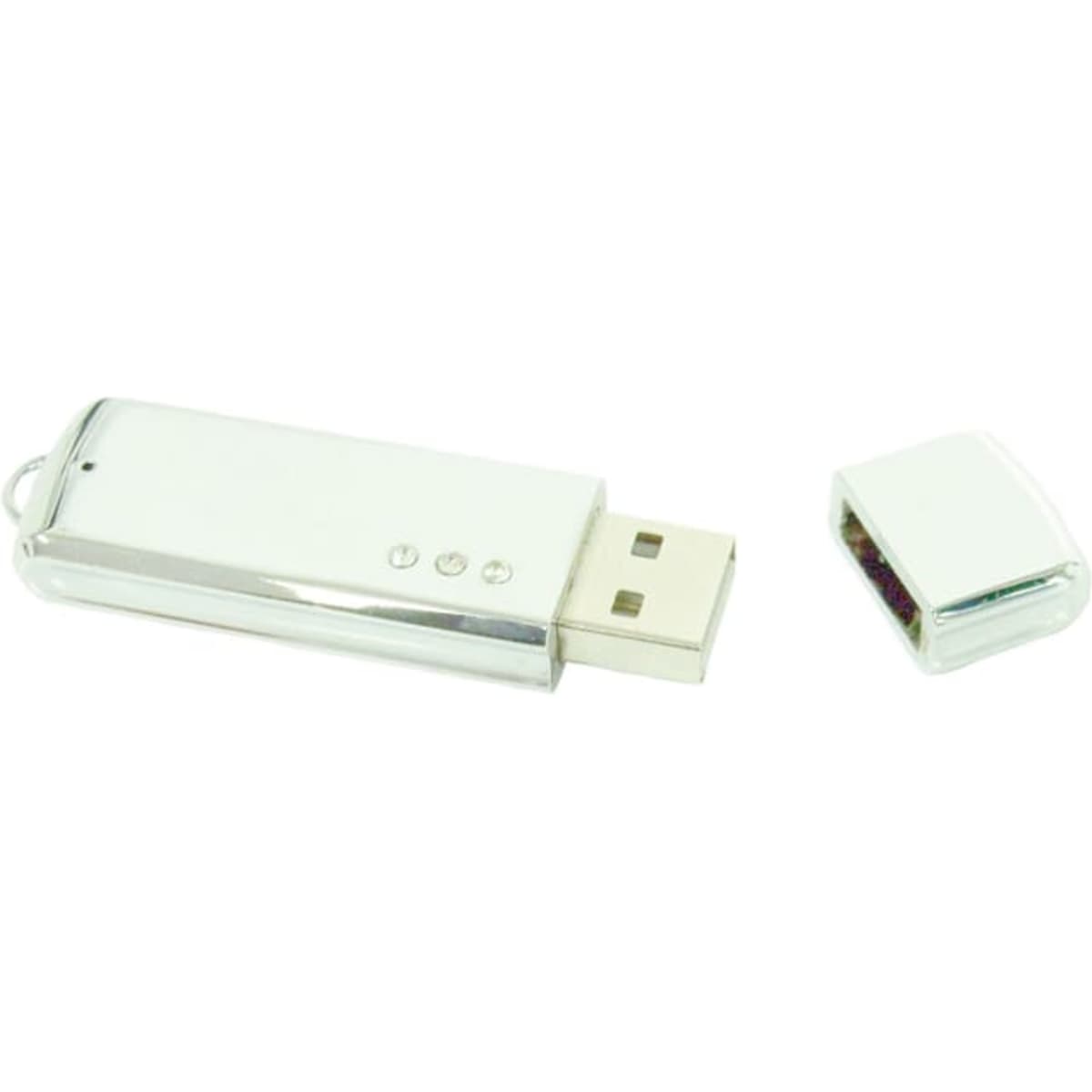 A silver flash drive with a removable cap, featuring three indicator lights. It has a sleek, shiny design.