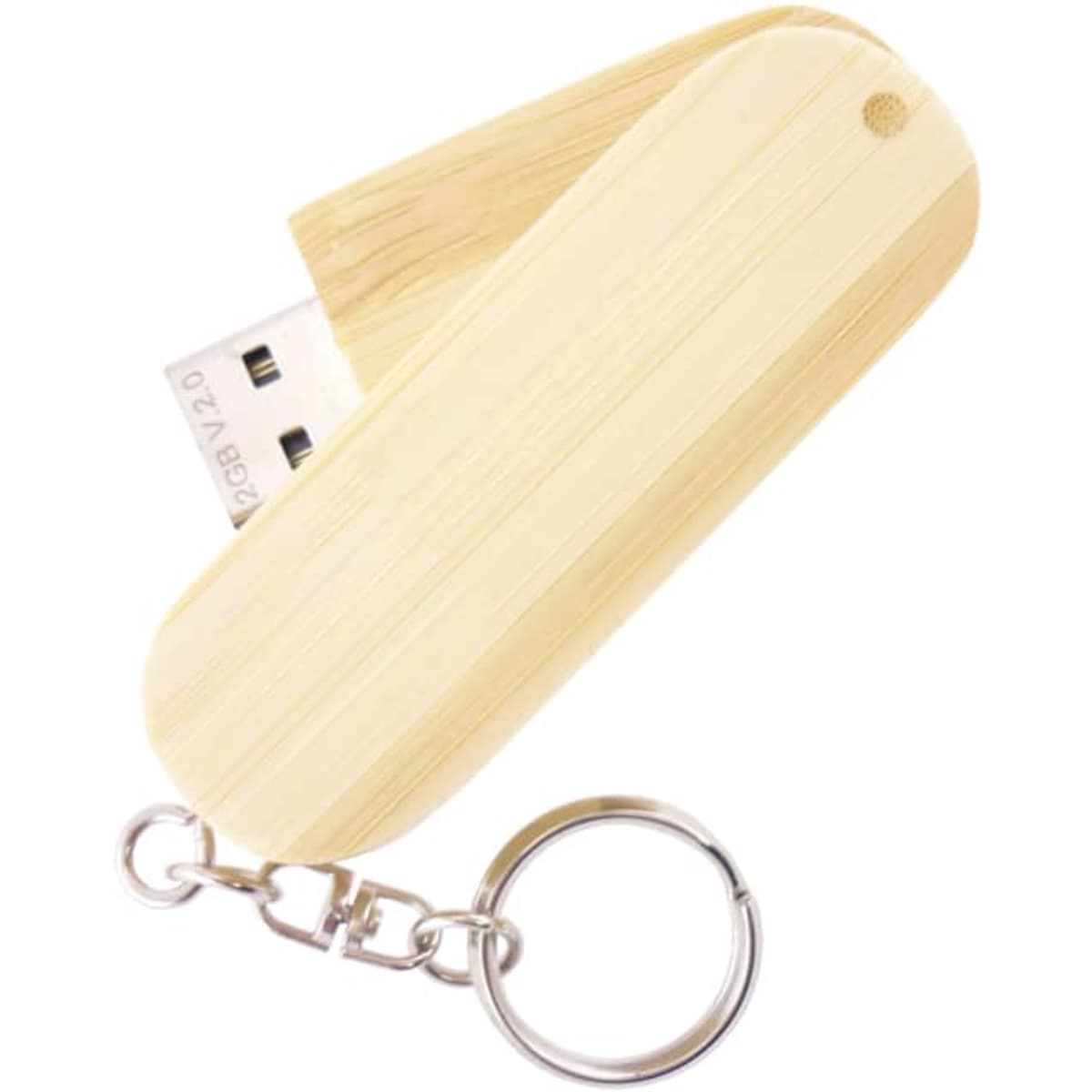 A wooden swivel drive in a light beige hue, featuring a keyring attachment and a small logo.