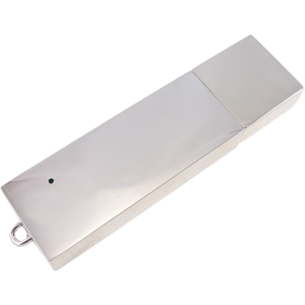 A slim, shiny silver flash drive with a sleek design and a small circular indicator light.
