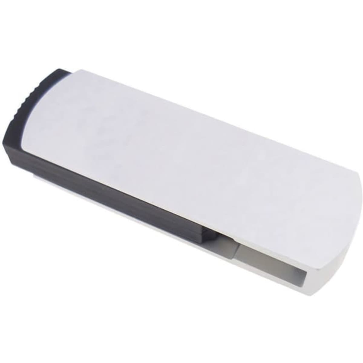 A Pentagon Swivel Flash Drive in black and white, featuring a sleek, rectangular design with a branding logo.