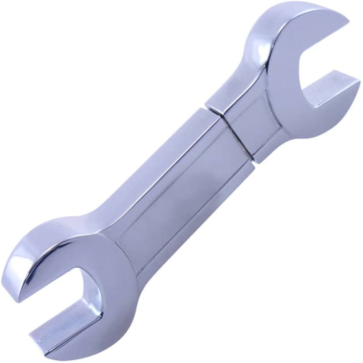 A shiny silver wrench USB flash drive with dual open ends shaped like a wrench, featuring a sleek design.