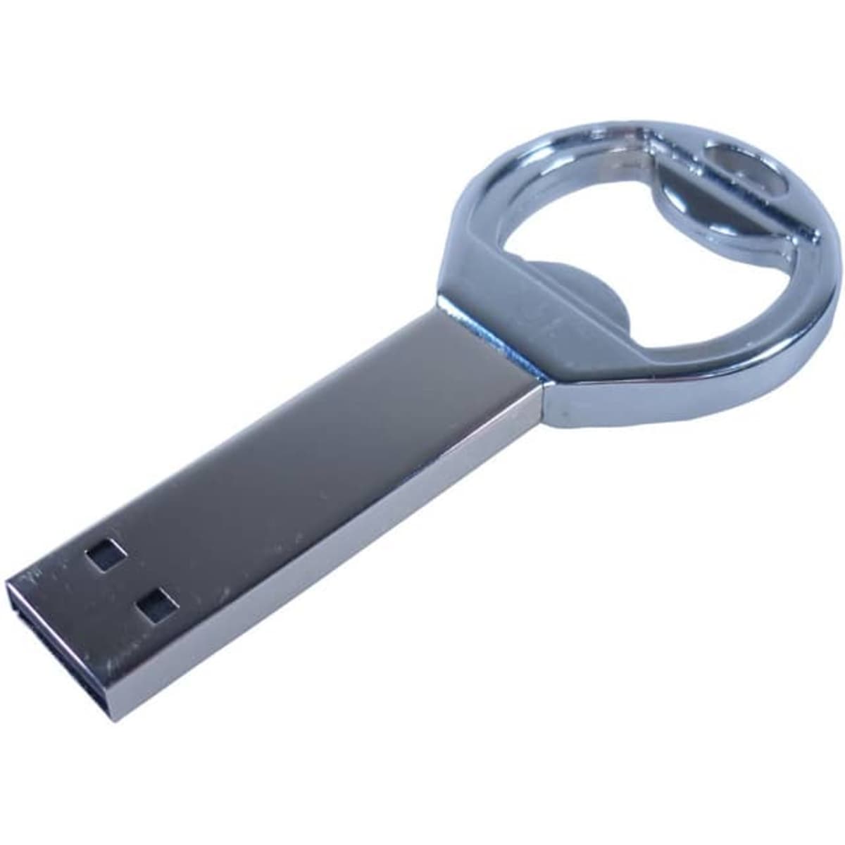 A silver USB flash drive designed as a bottle opener, featuring a circular handle.