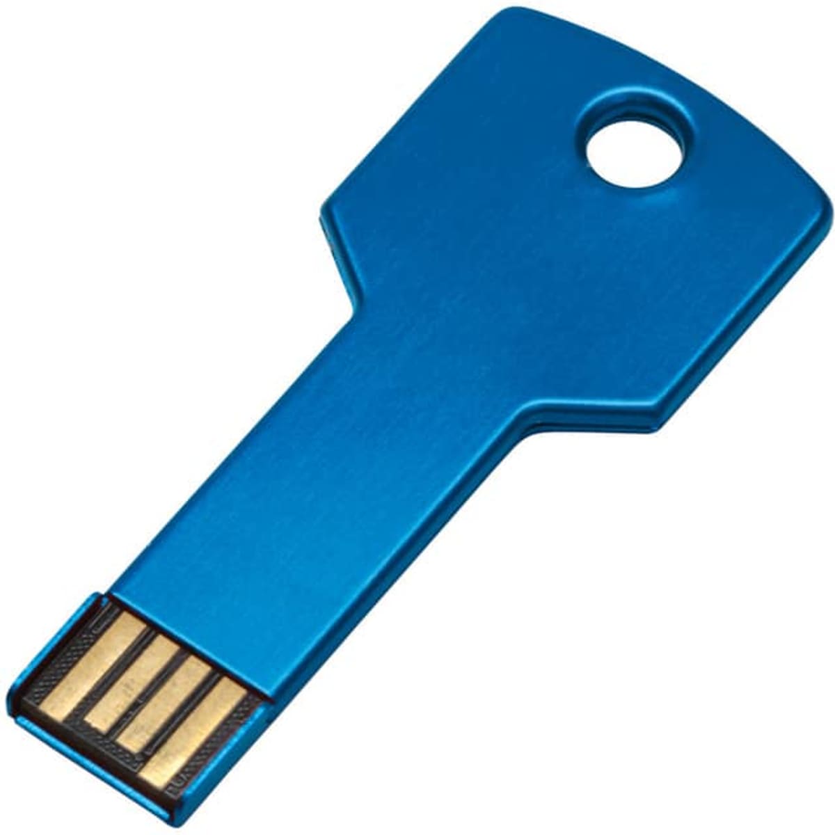 A blue USB key COB flash drive with a key-like shape and a hole for attachment.