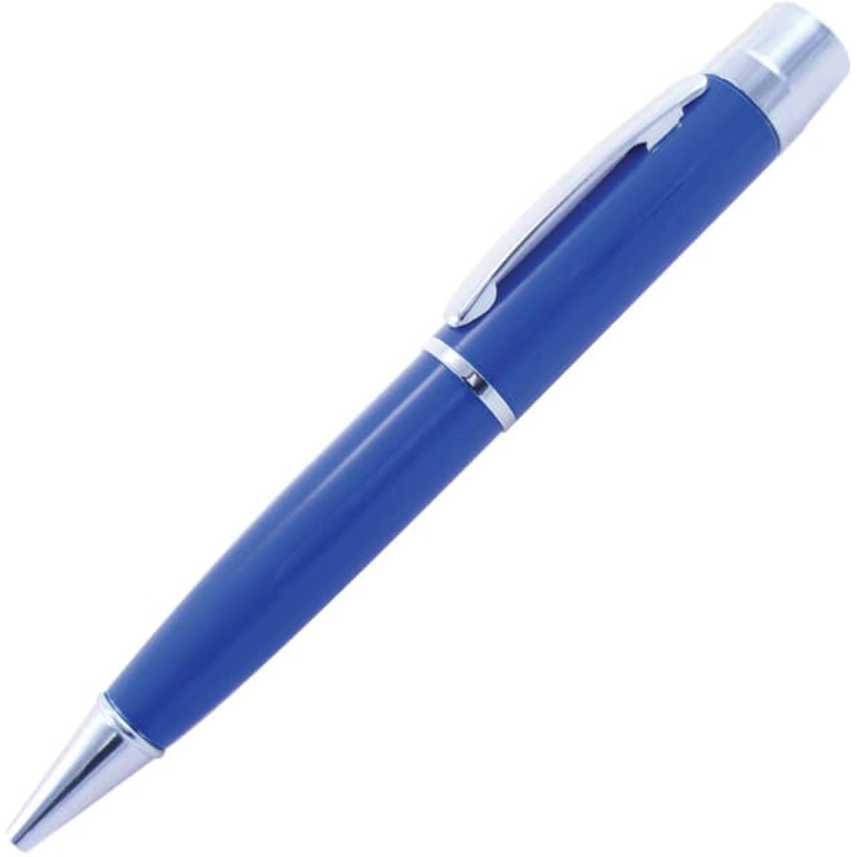 A blue USB pen with a sleek design and a silver clip, featuring branding. Ideal for storage and writing.