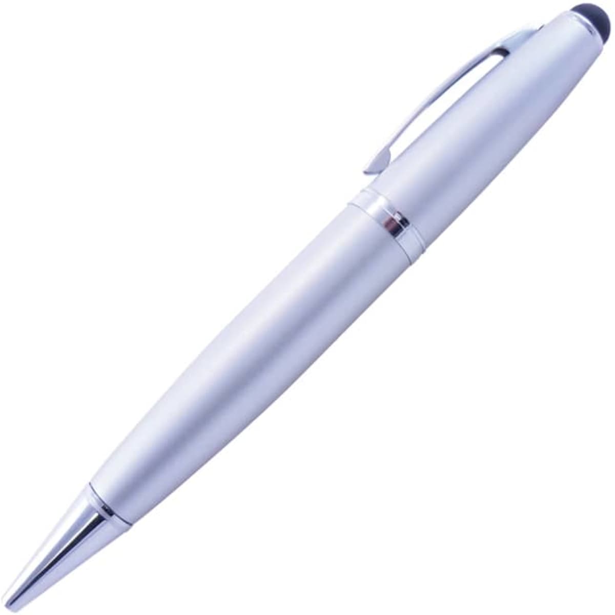 A silver stylus USB pen with a sleek design and a shiny clip, featuring a black tip for touch screens.