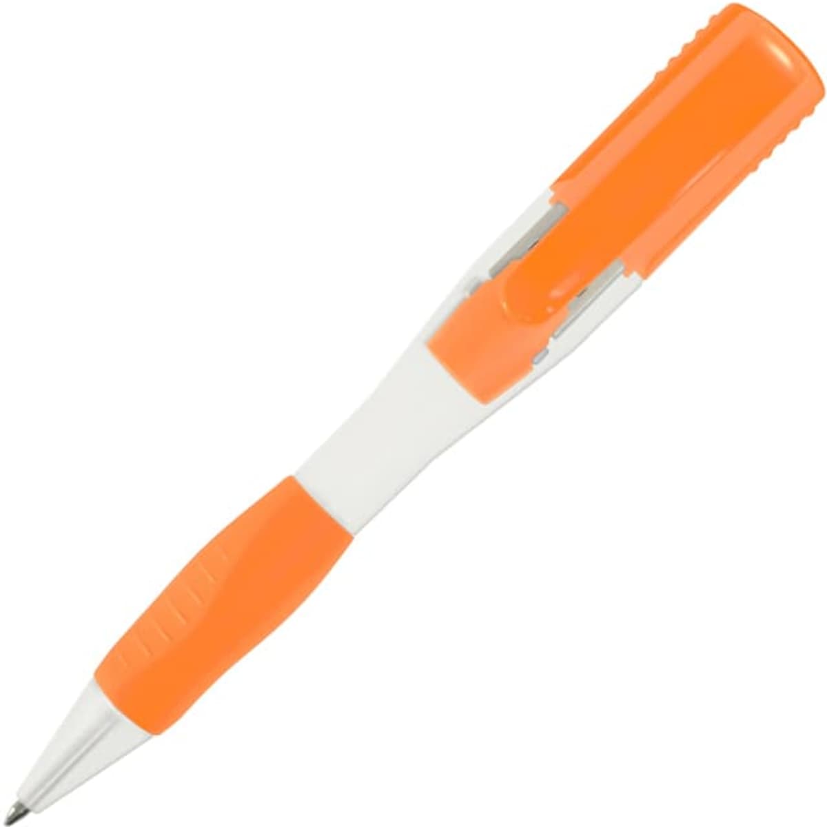 An orange and white pen with a textured grip, featuring a clip and a sleek design. Suitable for promotional use.