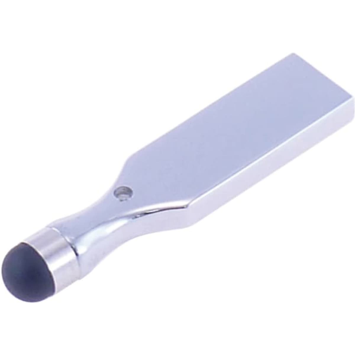 A metallic silver stylus USB drive featuring a rounded tip, designed for easy handling and storage.