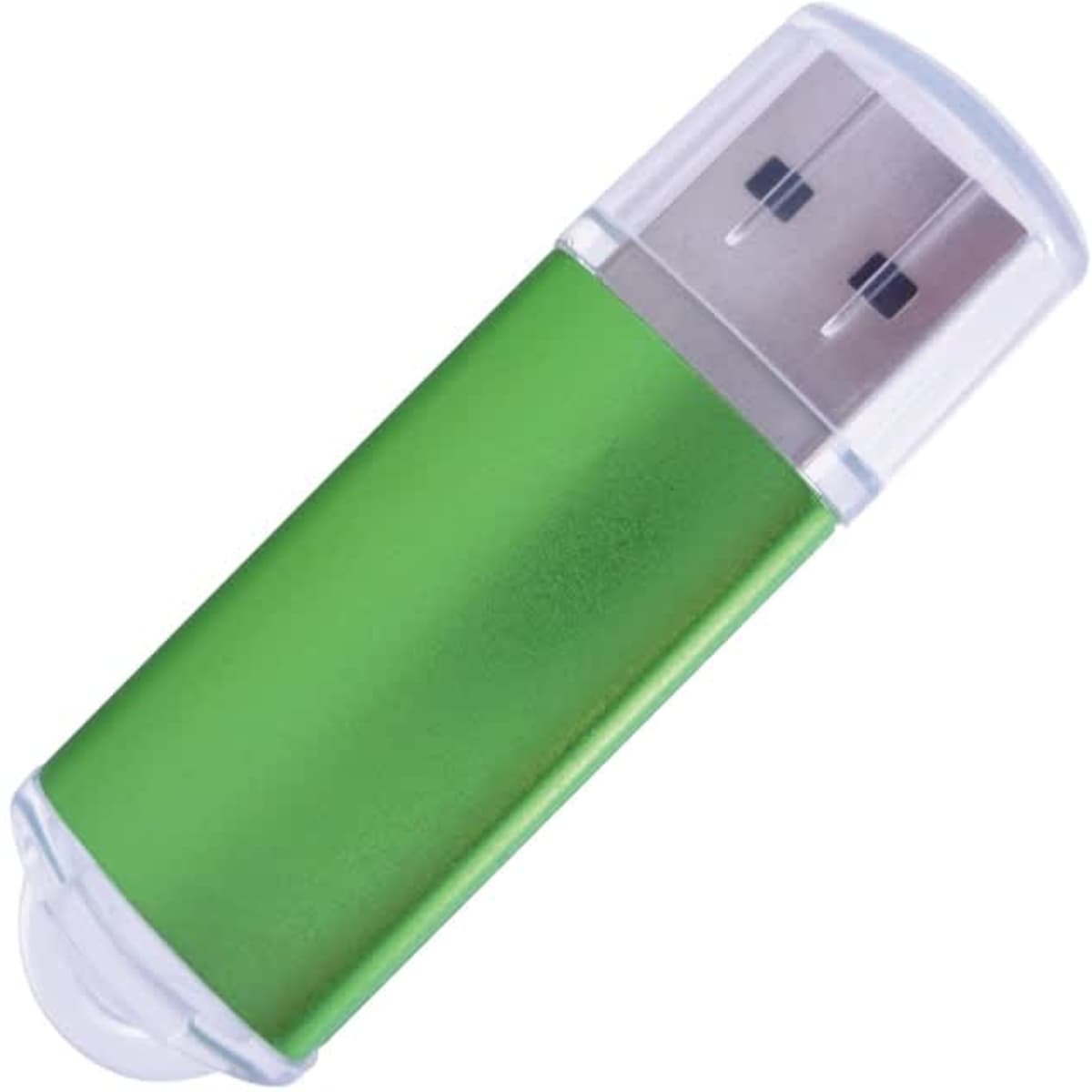 A green flash drive with a clear cap and metal connector, featuring a branding logo.