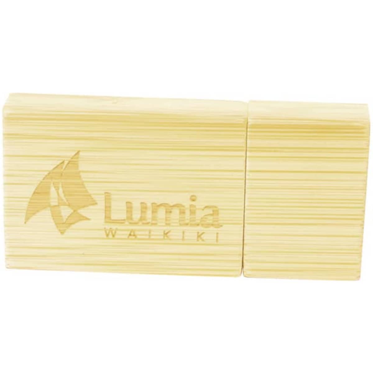 A bamboo USB drive in a natural yellow colour with a logo on the surface, featuring a sleek and rectangular design.