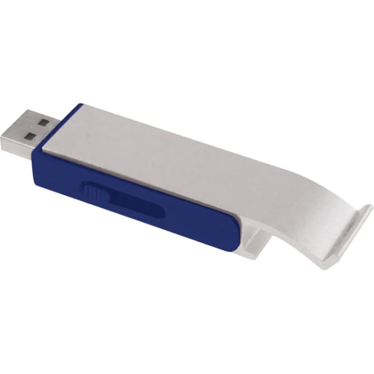 A drink bottle opener with a silver flash drive and a blue sliding mechanism, featuring a logo.