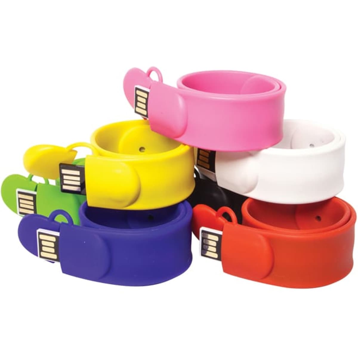 A collection of colourful silicone USB flash drives in pink, white, red, green, yellow, and blue. Each has a distinctive design.