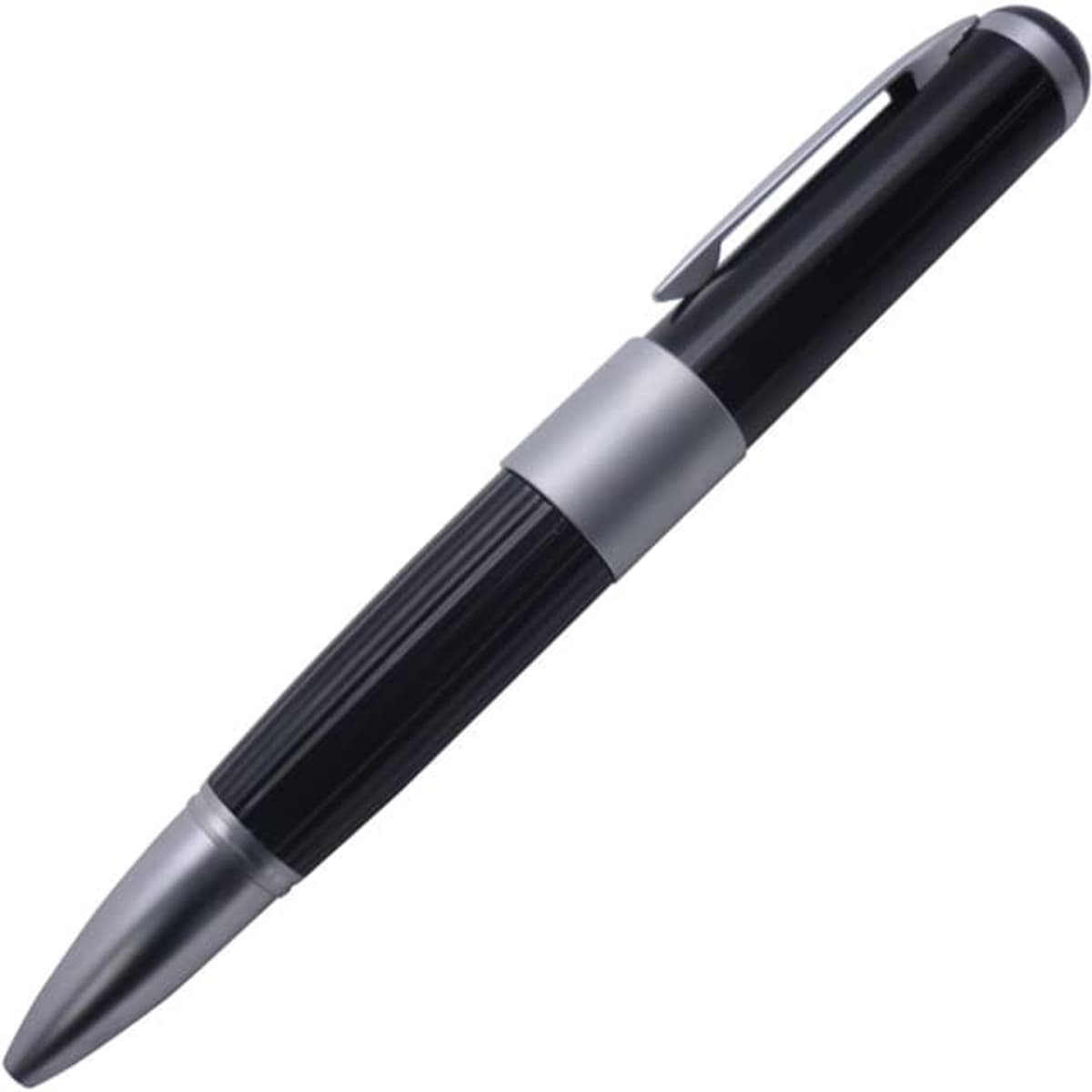 A metal pen in black with silver accents, featuring a sleek design and a clip for easy attachment.