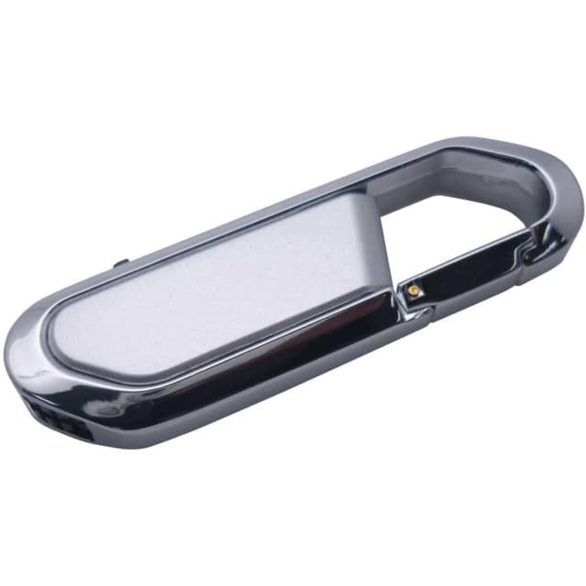 A sleek silver carabiner flash drive with a metallic finish and an integrated clip design.
