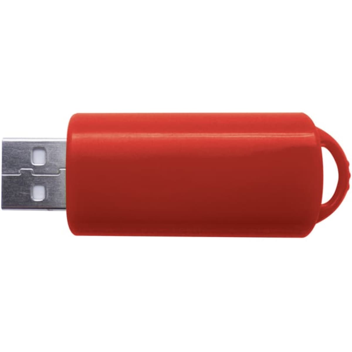 A red Retractor2 Flash Drive with a sleek design and a metal USB connector. It features a logo on the body.