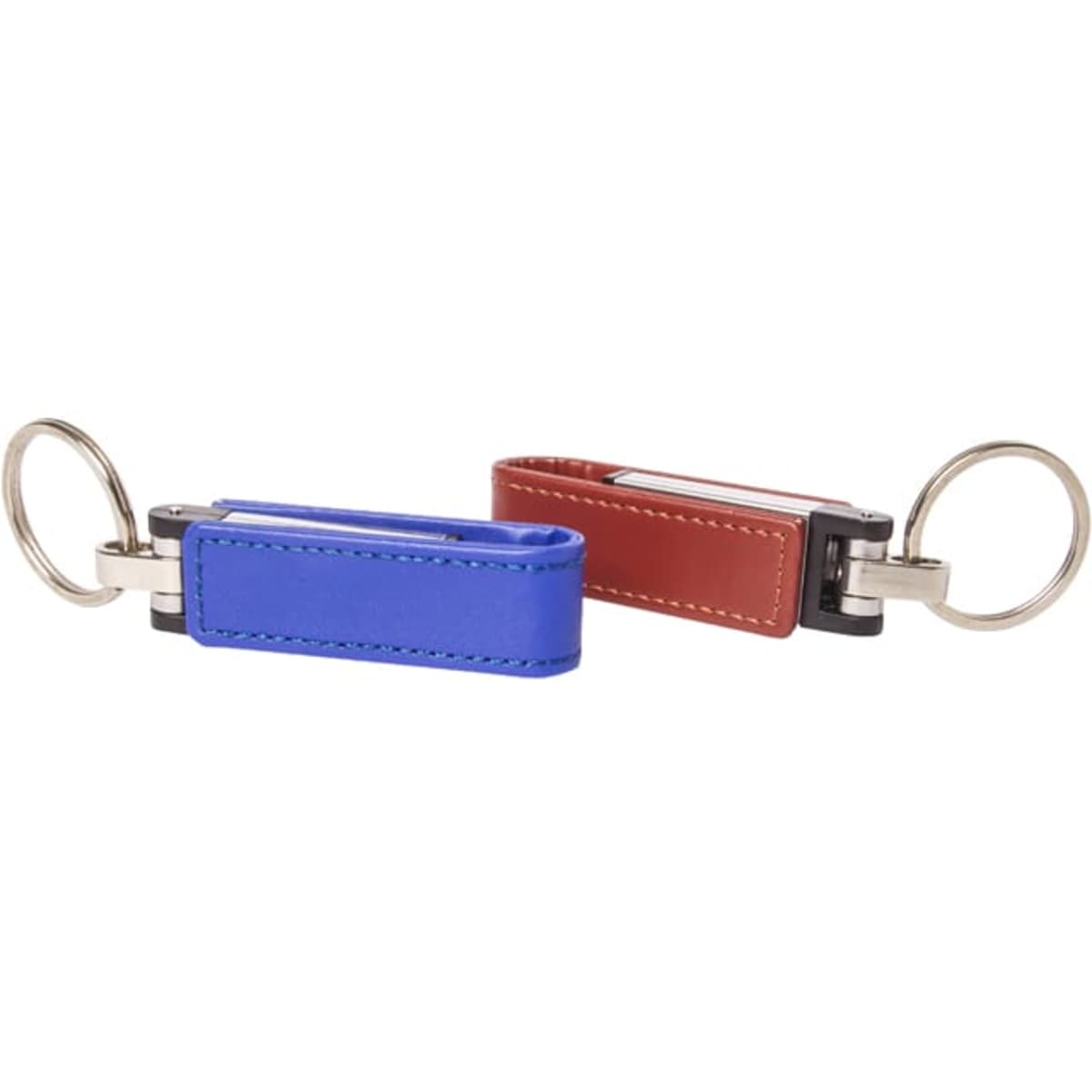 Two flash drives with PU wrap, one blue and one red, both with metal keyring attachments.