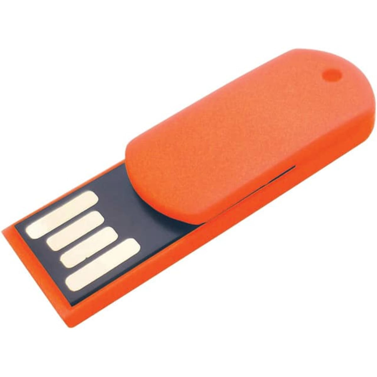 An orange paper clip flash drive with a removable cap and a branding logo.