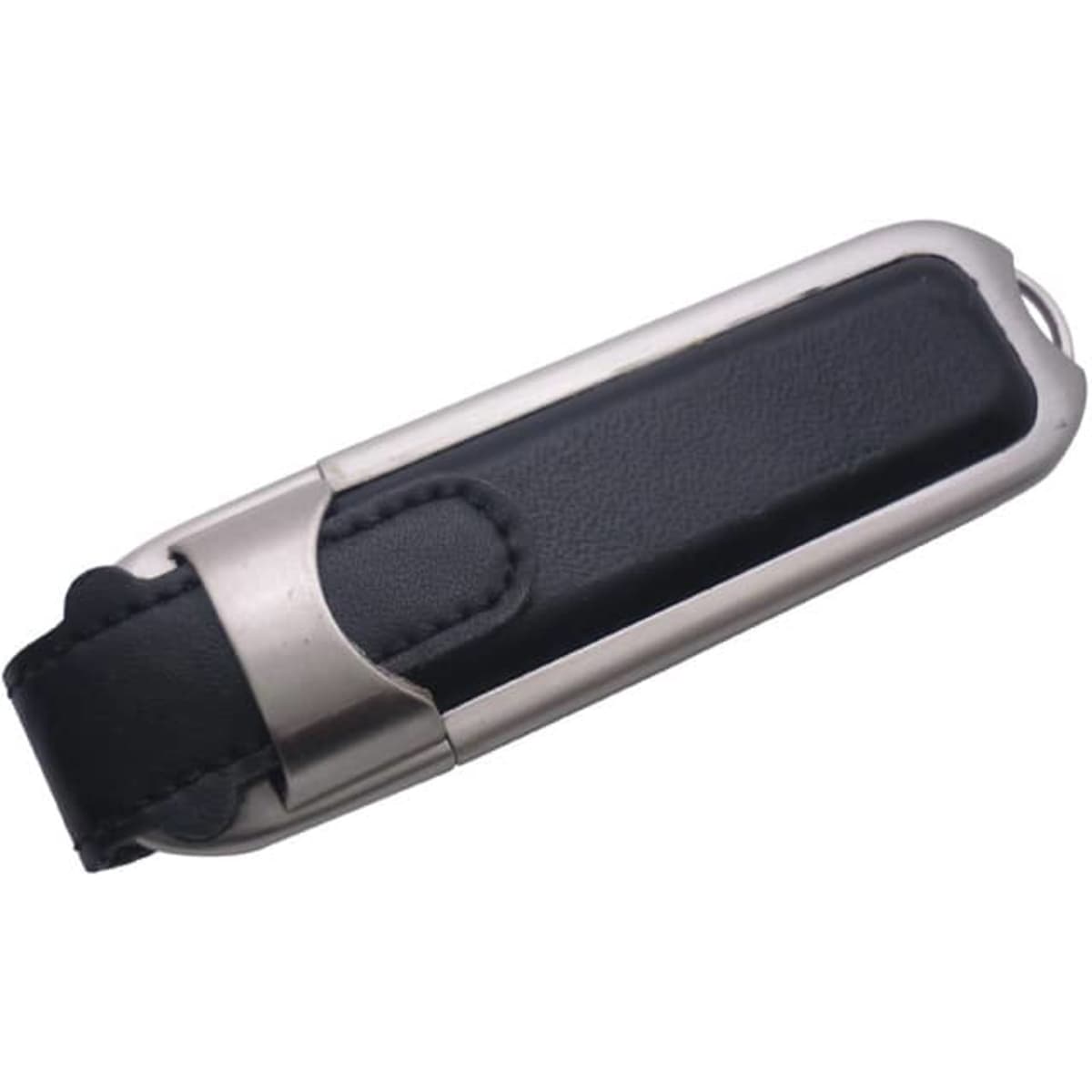 A metal and black leather flash drive with a sleek design, featuring a secure clip and branding.