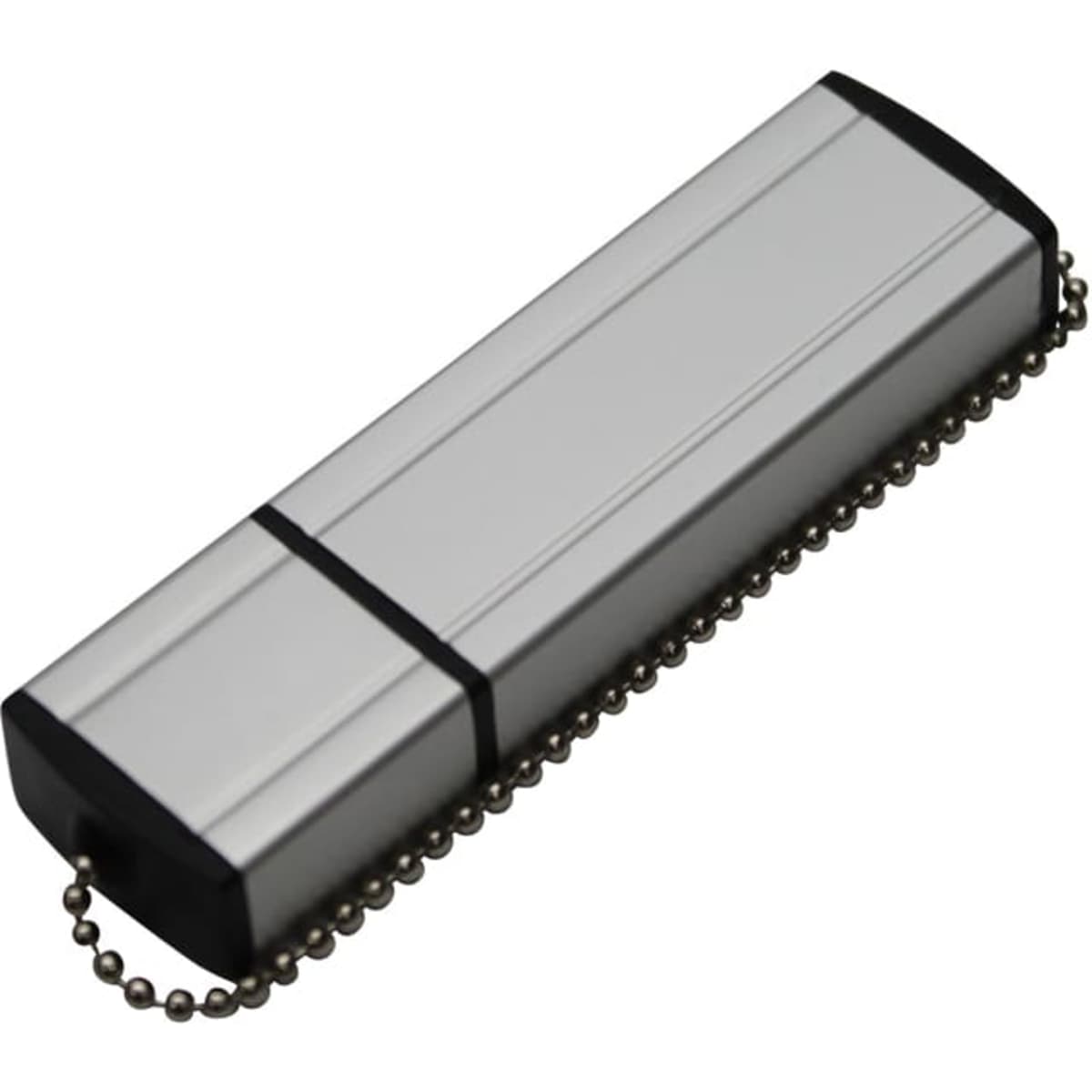 A silver and black Fortana flash drive with a keychain attachment.
