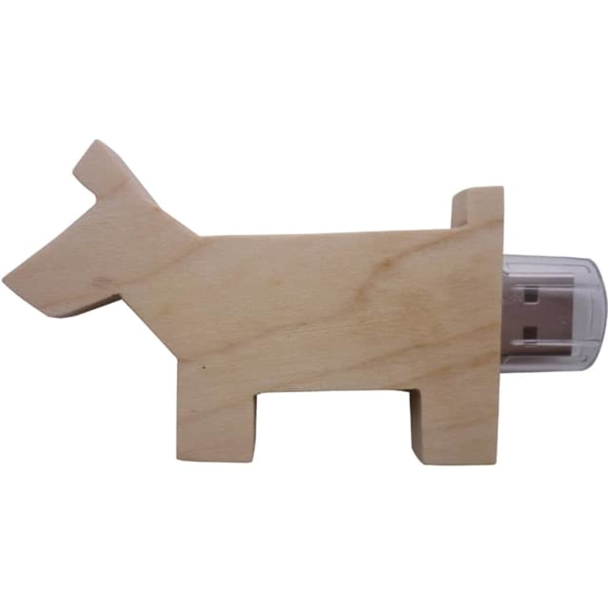 A wooden dog-shaped flash drive with a transparent USB connector, featuring a natural wood finish.