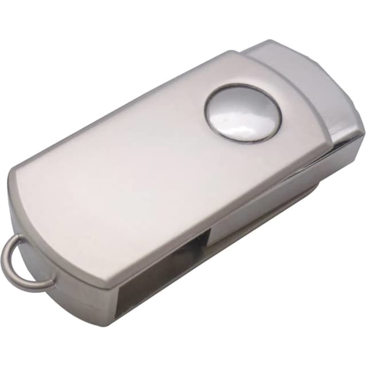 A silver swivel flash drive with a rounded top and a circular indentation, featuring a logo.