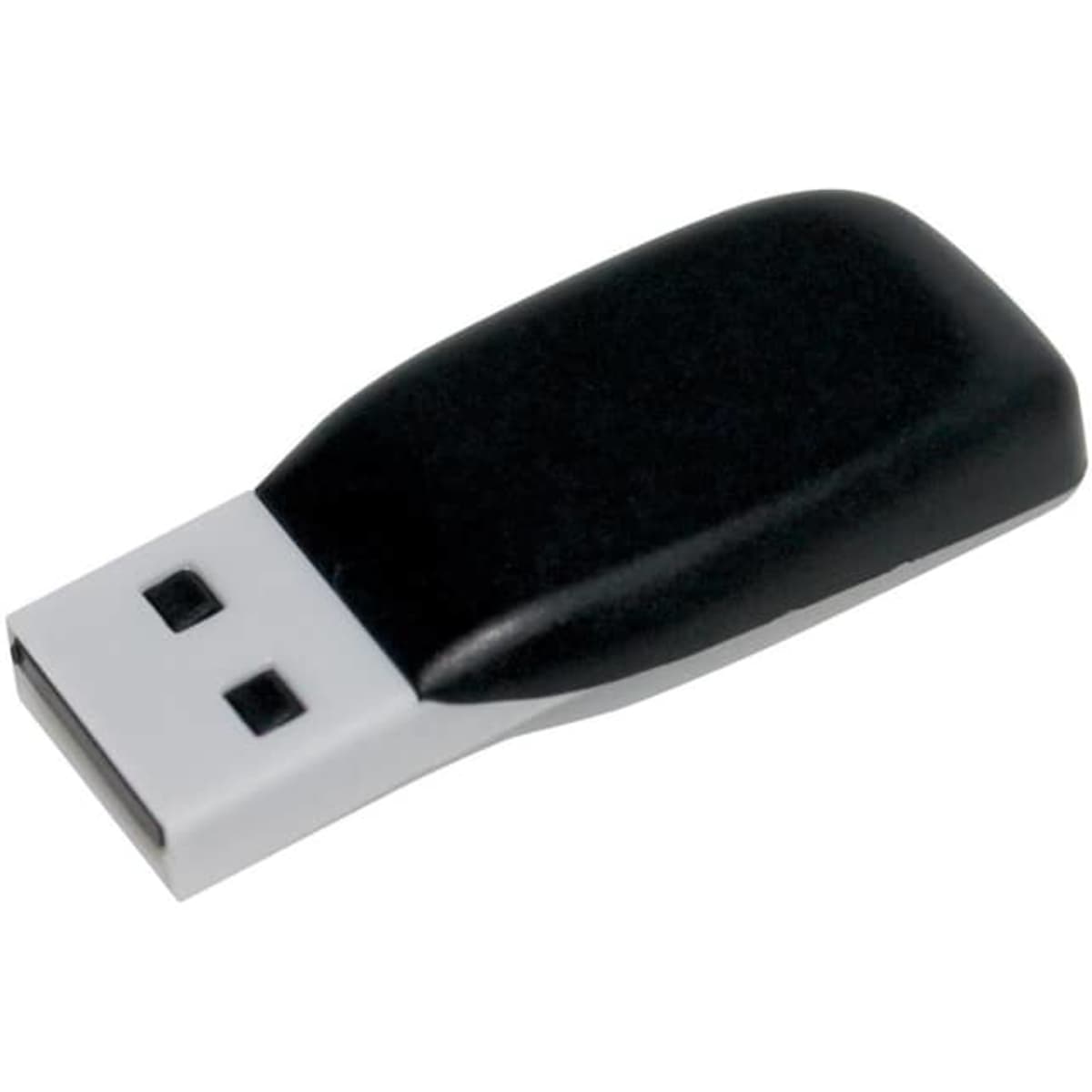A black and white flash drive with a smooth, curved design and a USB connector. It features a logo.
