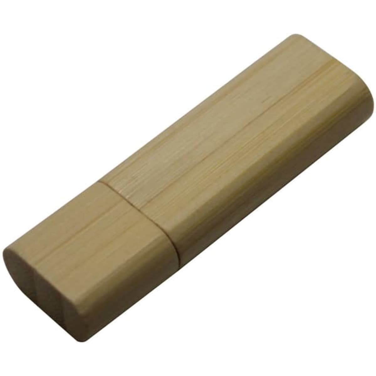 A bamboo flash drive with a smooth, natural finish and rounded edges. It features a logo branding.
