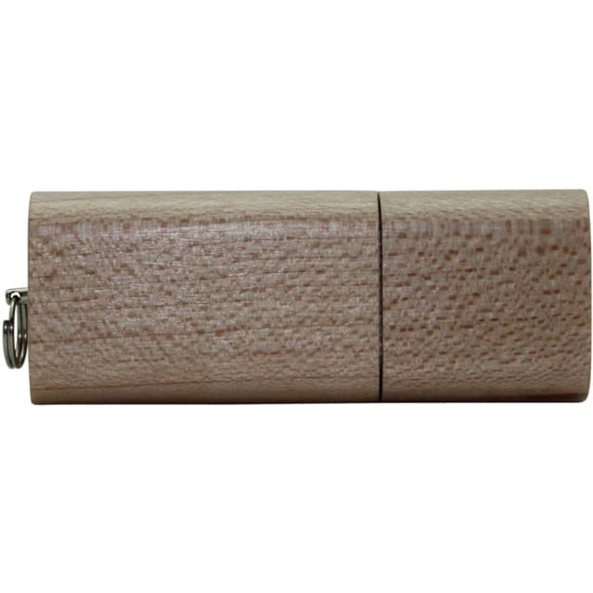 A wooden Mira Flash Drive in a cylindrical shape, featuring a metal keyring attachment.