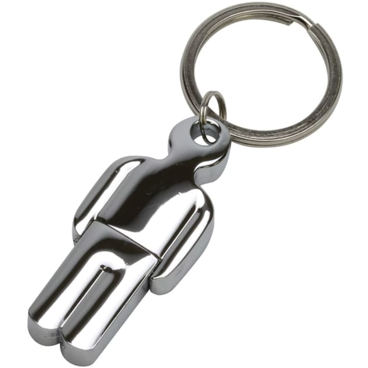 A metallic keychain in the shape of a person, attached to a round keyring.