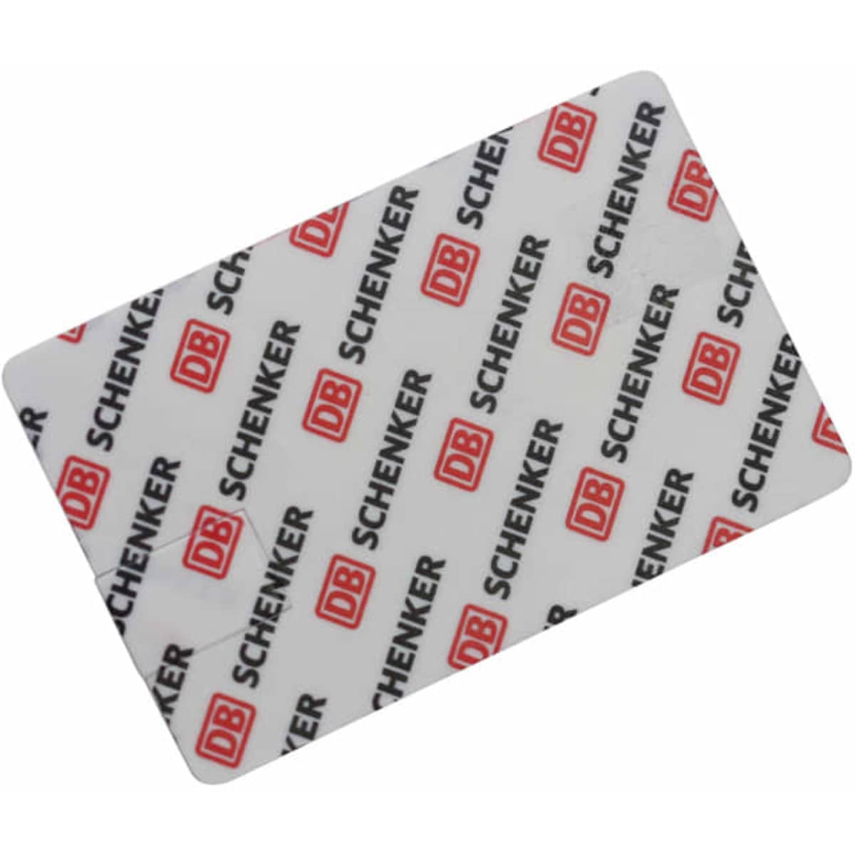 A credit card-sized flash drive with a white background featuring a red logo and repeated text pattern.