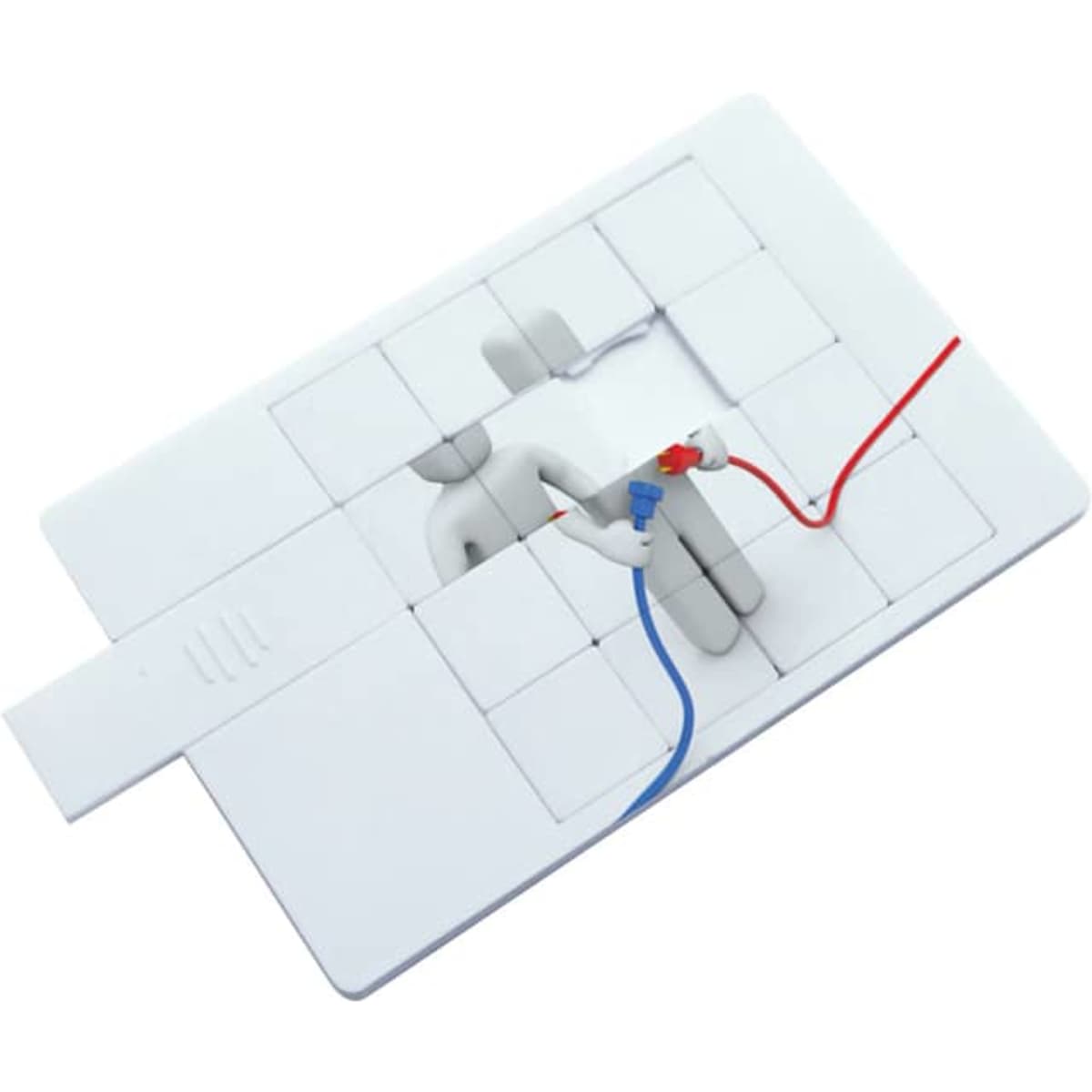 A white puzzle credit card flash drive with red and blue connectors on a puzzle piece design. It includes a logo.