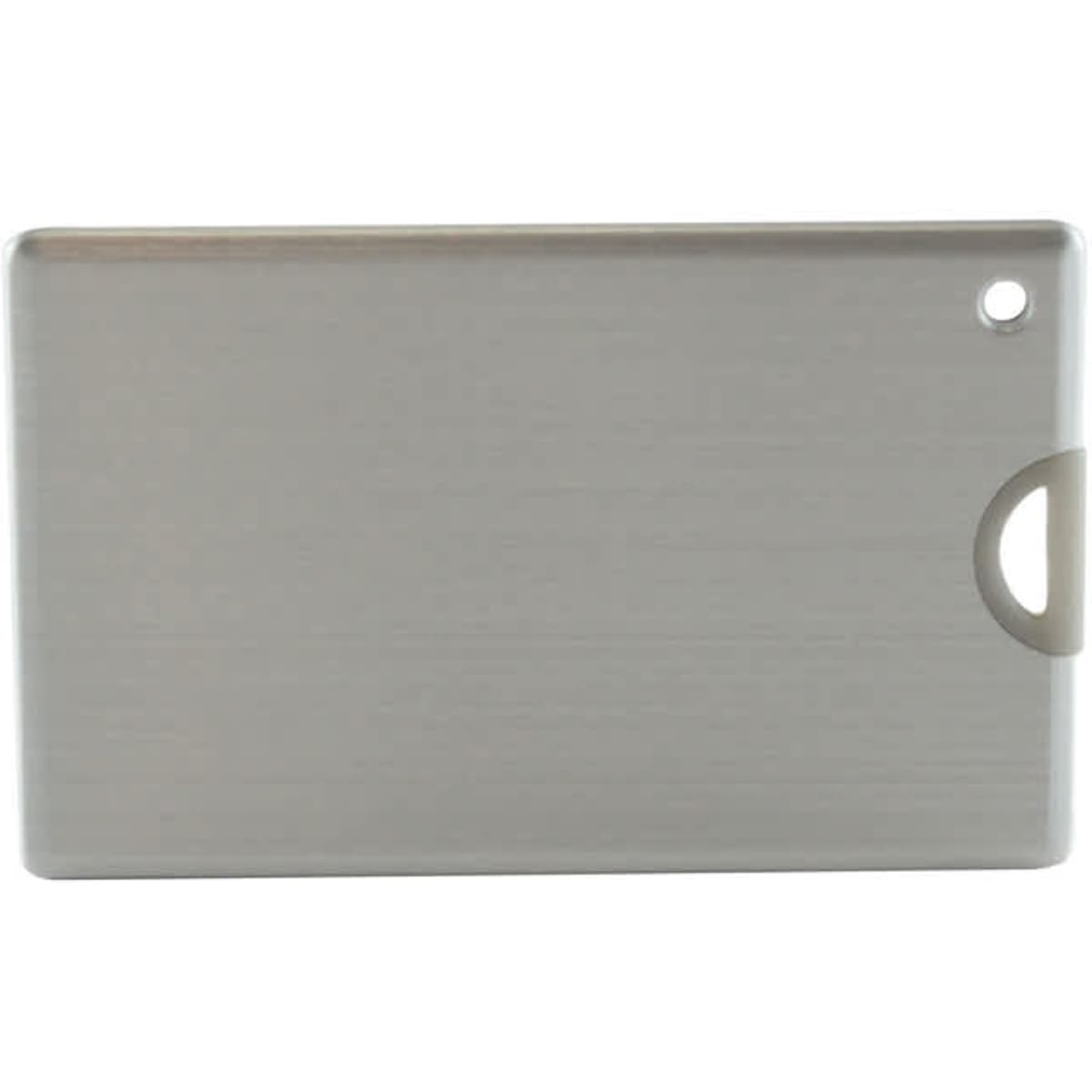A sleek silver credit card-sized flash drive with a rounded corner and a hole for attachment, featuring a logo.
