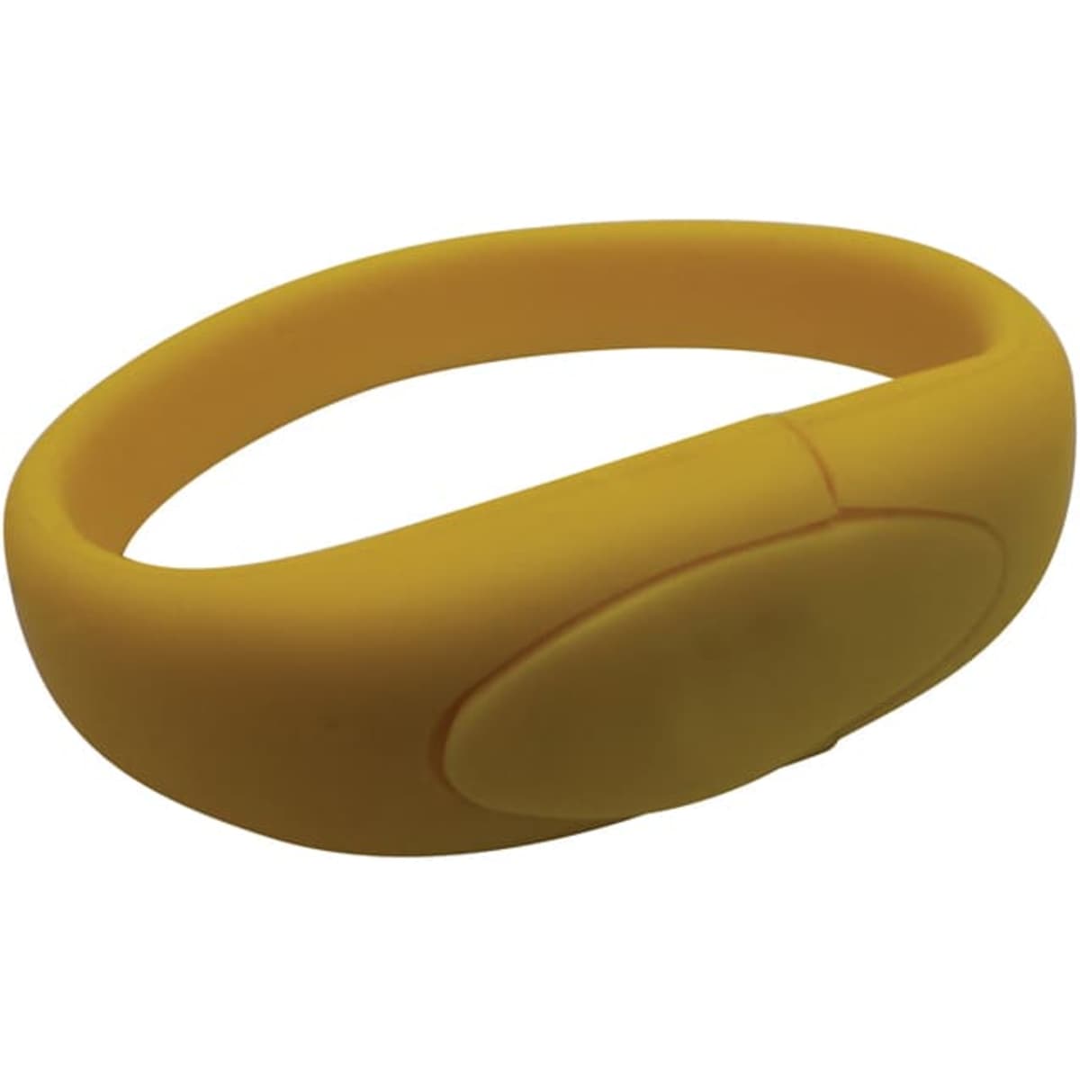 A yellow silicone wristband with a smooth surface and an oval button-like feature. It has a minimalistic design.