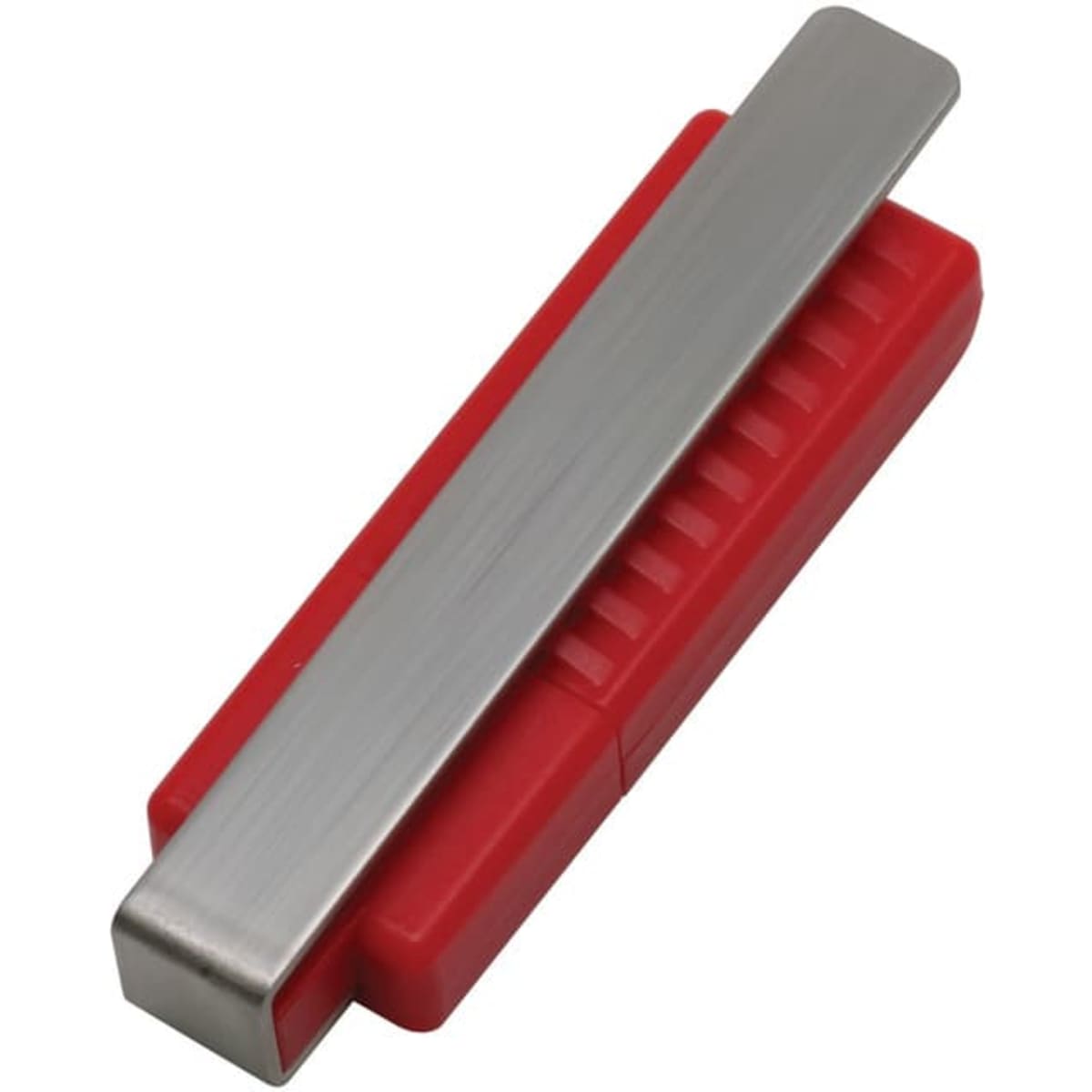 A red and silver flash drive with a sleek metallic cover and a textured red base. Contains a logo.