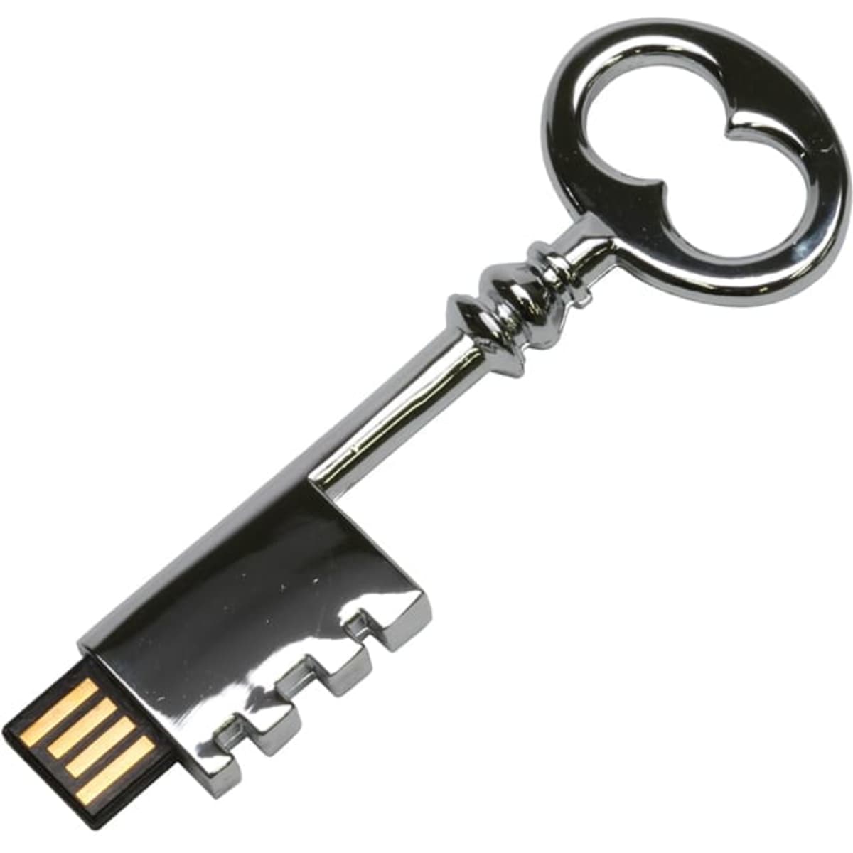 A silver skeleton key flash drive with a shiny finish and a USB connector at the end.