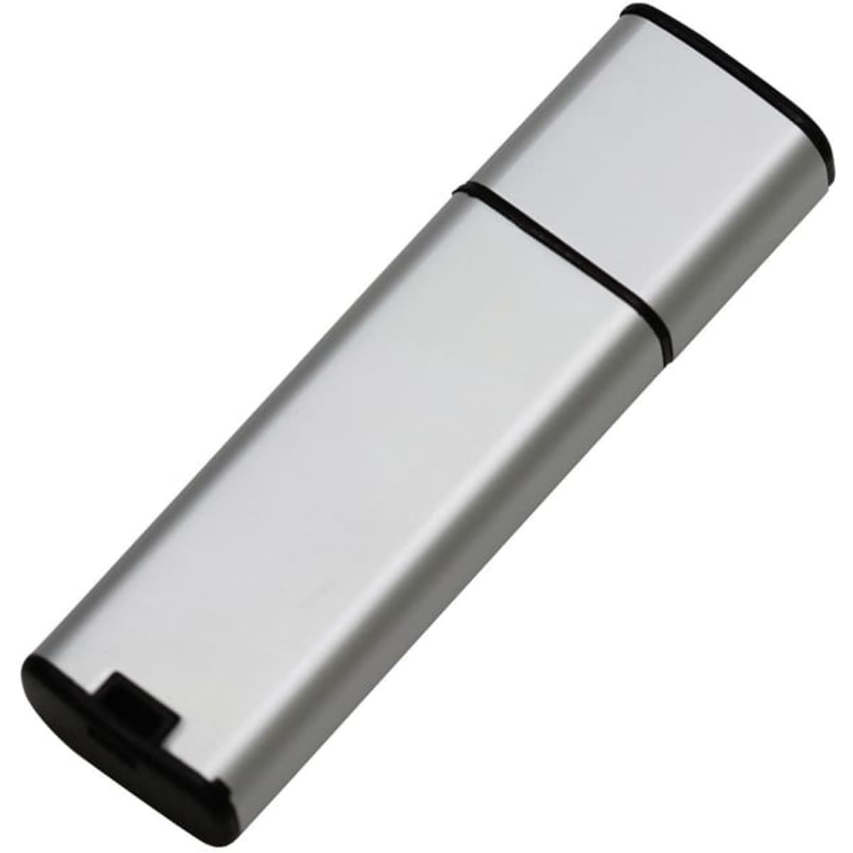 A sleek silver flash drive with a black end cap and a subtle logo on the side.