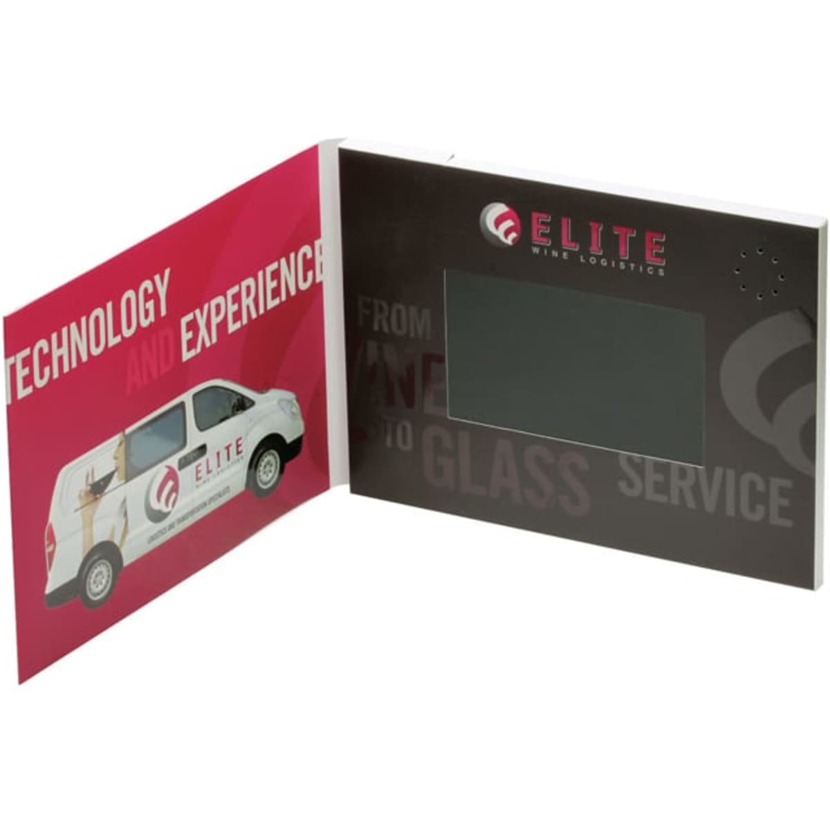 A promotional video catalogue with a black screen and a pink interior, featuring a logo and an image of a van.