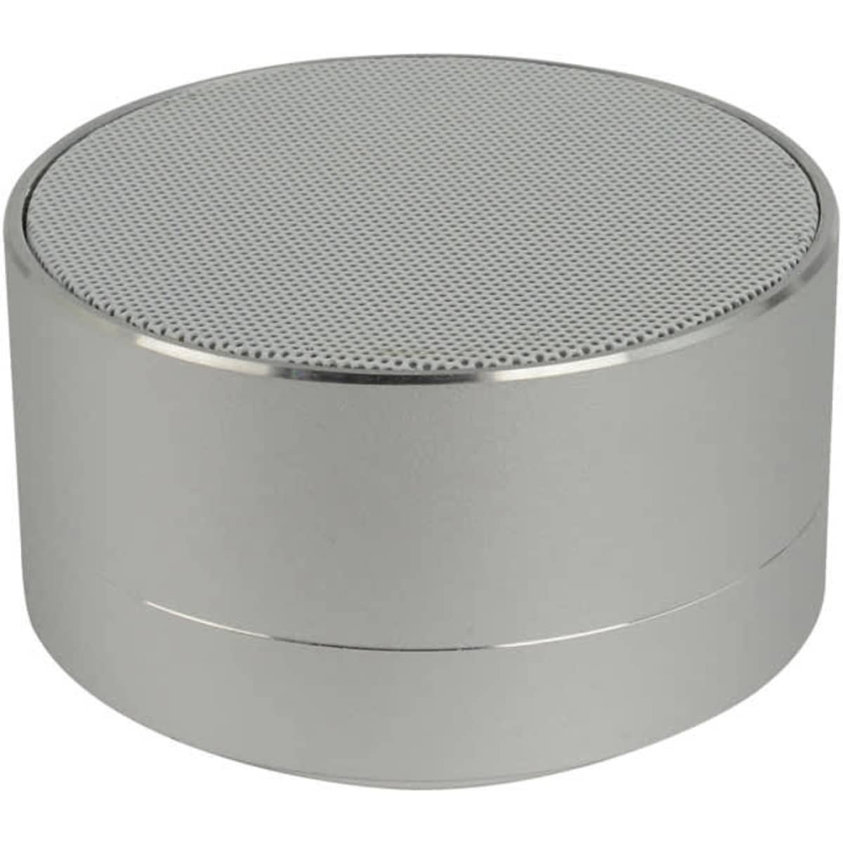 A silver Bluetooth speaker with a round design and a mesh top surface, featuring a sleek metallic finish.