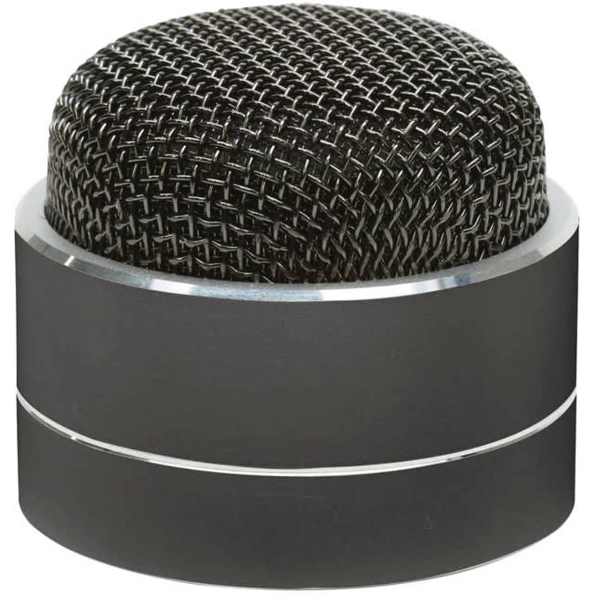 A round, sleek black Bluetooth speaker with a mesh top and metallic base, featuring a branding logo.