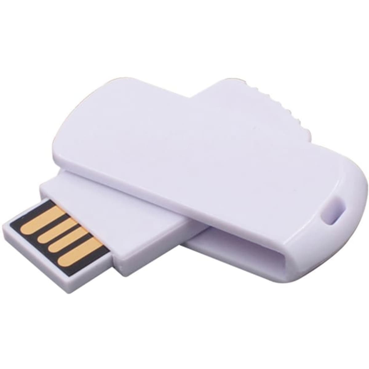 A purple flash drive with a sliding mechanism and a logo on the surface.