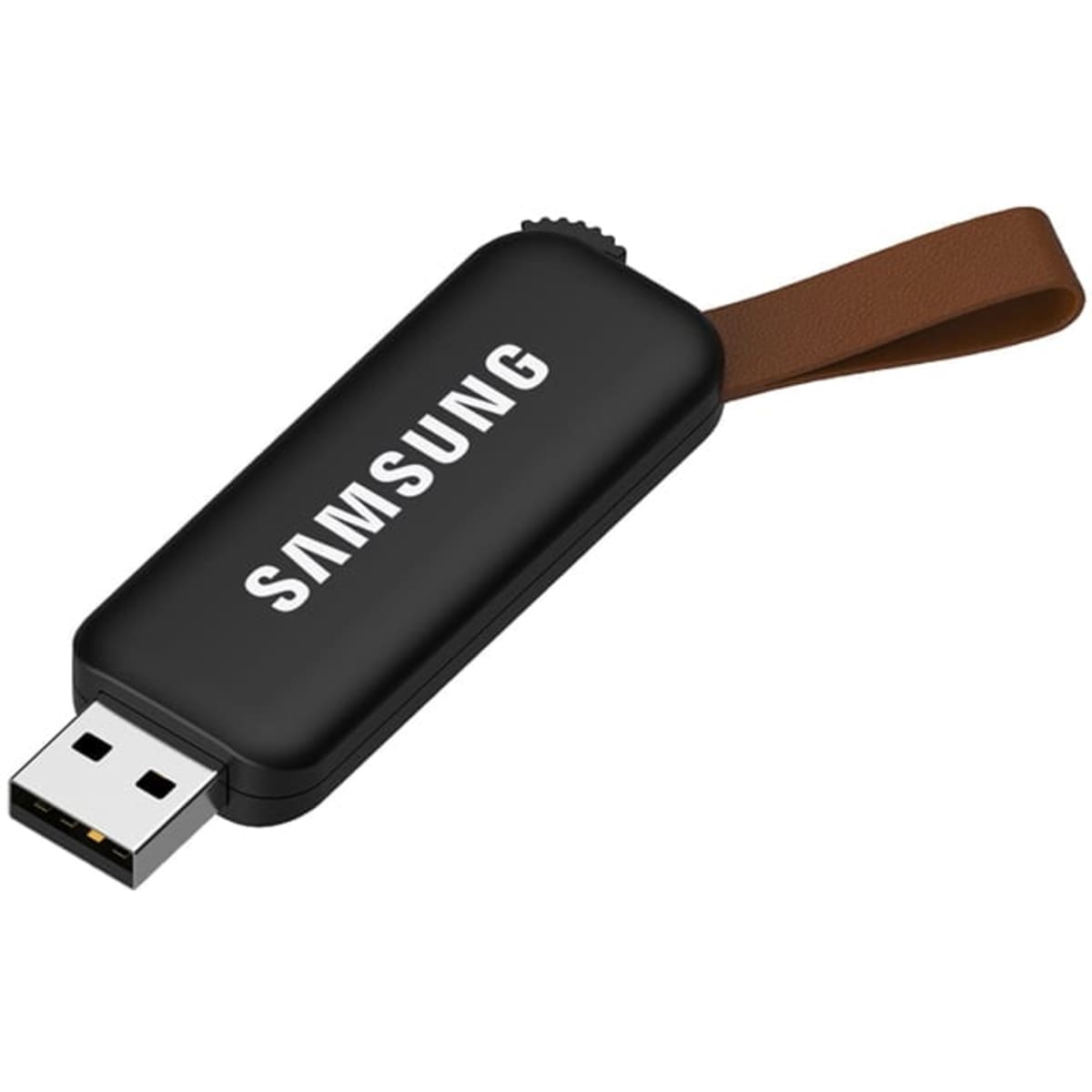 A black USB flash drive with a brown leather strap and a logo on the surface.