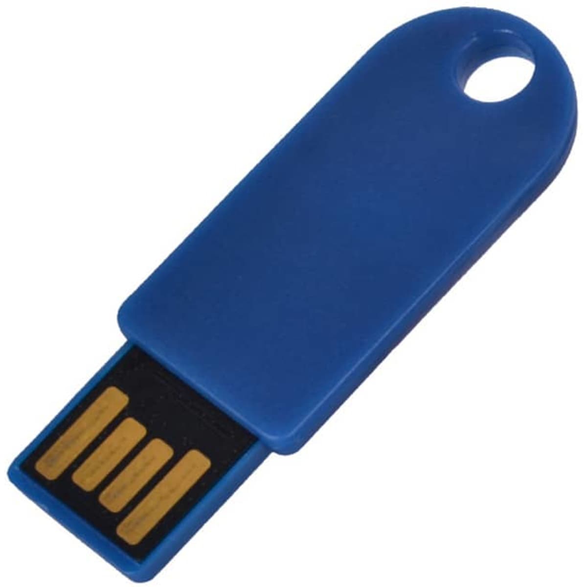 A blue flash drive with a slot for a keyring and gold connectors at one end. It has a logo on the surface.