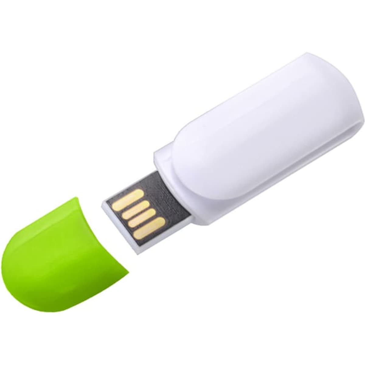 A white flash drive with a green cap, featuring a USB connection and a compact design.