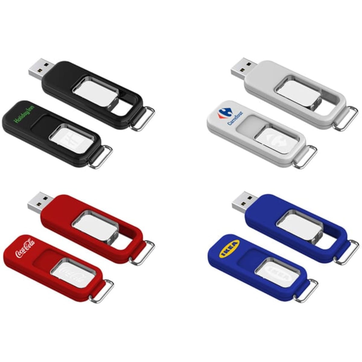 A collection of flash drives in red, black, blue, and white, featuring various logos and a retractable design.