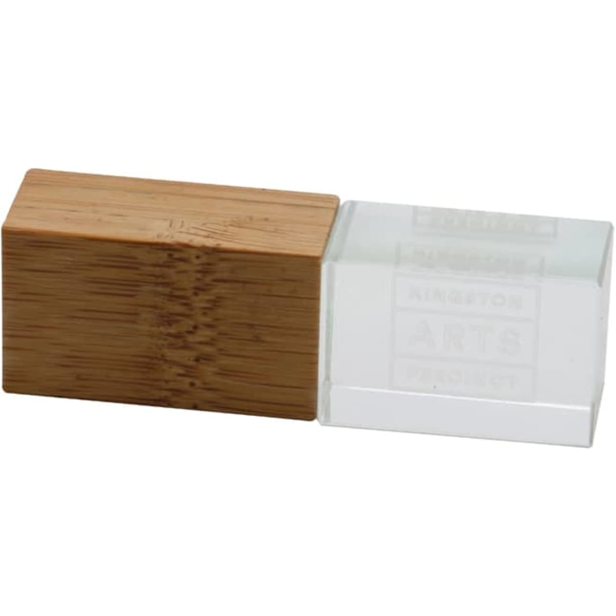 An Eco Crystal Flash Drive featuring a clear section and a bamboo casing, showcasing natural wood tones.