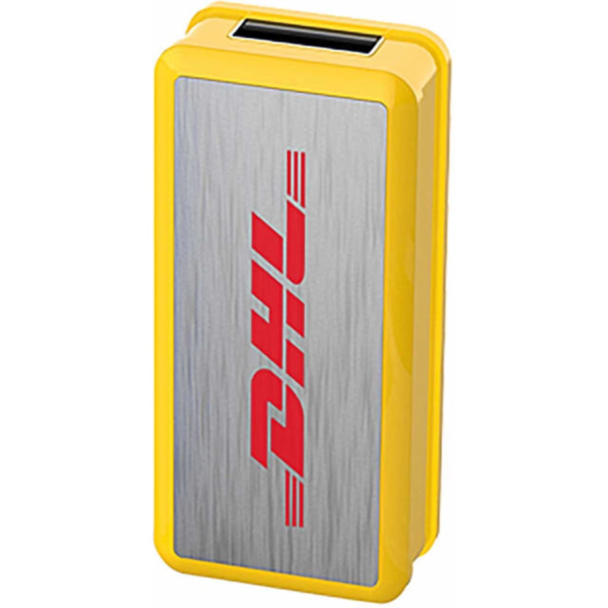 A yellow flash drive with a metallic silver front and a branding logo.